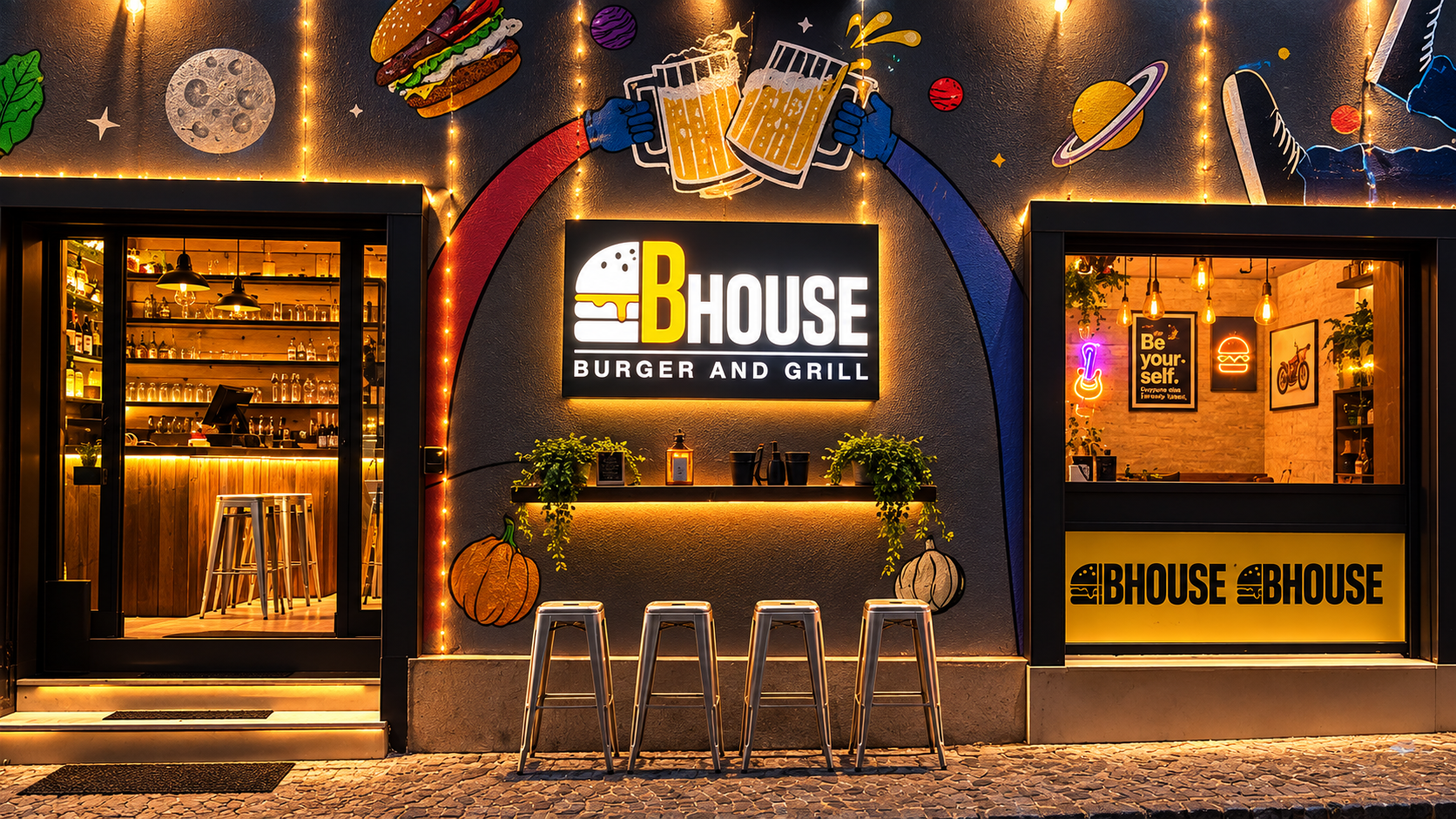 Ingresso del locale Bhouse Burger con insegna al neon di notte